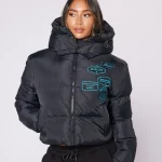 Womens Cropped Puffer Jacket Black Aqua