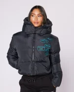 Womens Cropped Puffer Jacket Black Aqua
