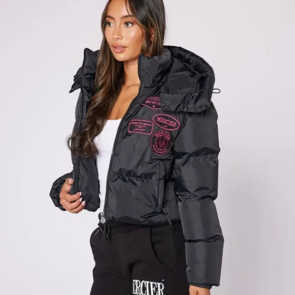 Womens Cropped Puffer Jacket Black Pink